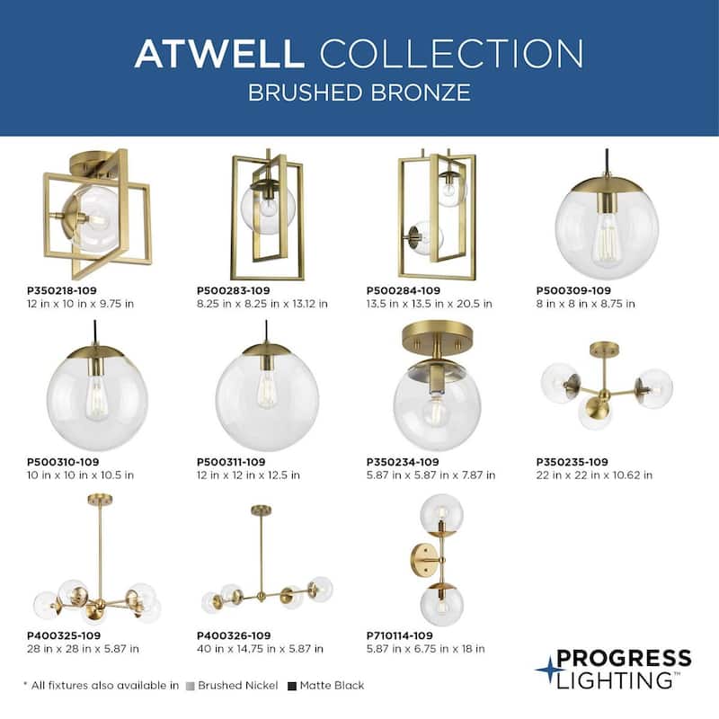 Atwell Collection One-Light Brushed Bronze Mid-Century Modern Semi-Flush Mount - 5.87 in x 5.87 in x 7.87 in
