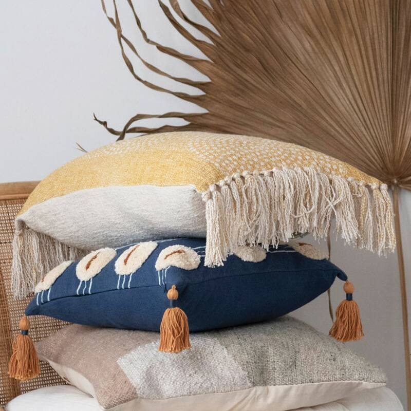 Stonewashed Cotton Slub Lumbar Pillow with Dot Pattern and Fringe