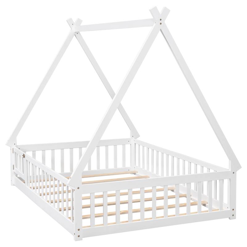Full Tent-shaped Floor Bed, with Guardrails, Slats, Door