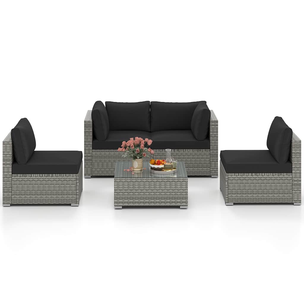 Gymax 5PCS Patio Sectional Sofa Couch PE Rattan Conversation Set
