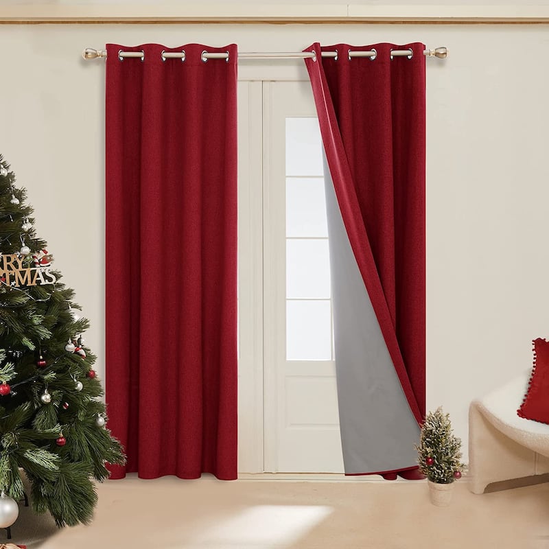 Deconovo Faux Linen Total Blackout with Coating Curtains (2 Panel) - 52W x 45L - Wine Red