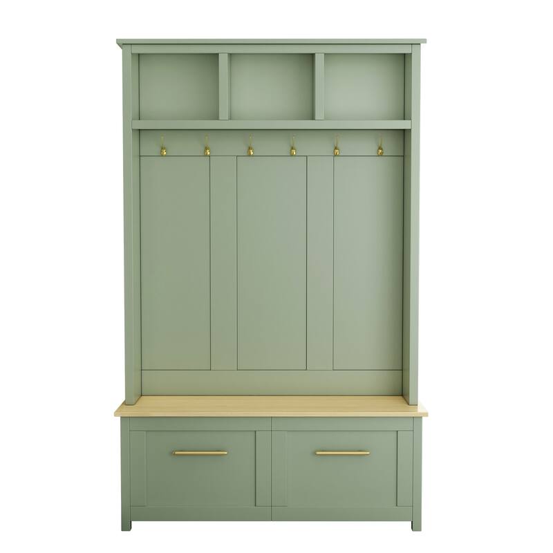 4-in-1 Hall Tree with 6 Golden Hooks Wooden Bench 2 Drawers for Entryway