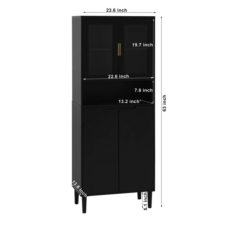 Tall Storage Bookcase w/Glass Display Door,Tall Kitchen Pantry Cabinet - Black
