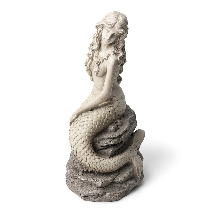 Glitzhome 20"H MGO Concrete Mermaid On Rocks Coastal Sculpture Poolside Garden Statue