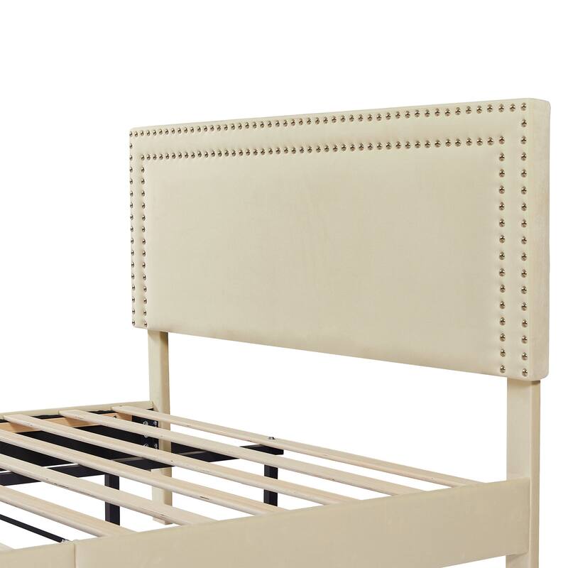 Upholstered Platform Bed Frame with Adjustable Headboard, Velvet Nailhead Trim, No Box Spring Needed
