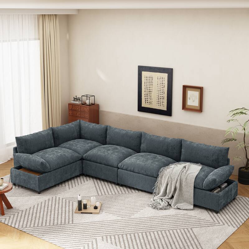 L-shape Sleeper Sectional Sofa Modular Upholstered Recliner Couches with 2 Side Folding Hidden Storage, Low Lounge Couches - Dark Gray