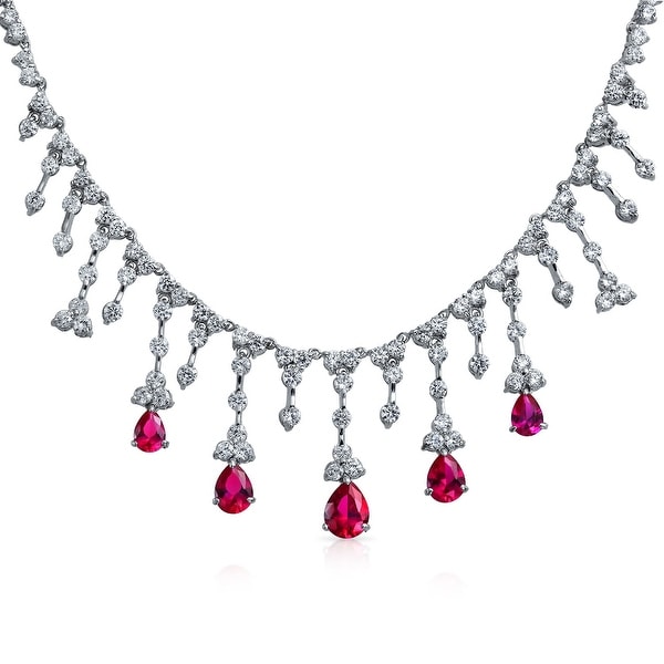 Bridal Red CZ Tear Dangle Imitation Ruby Statement Necklace Silver. Opens flyout.