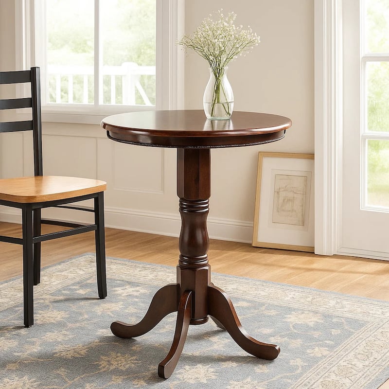 Round Wooden Pub Table with Turned Pedestal Base, Brown