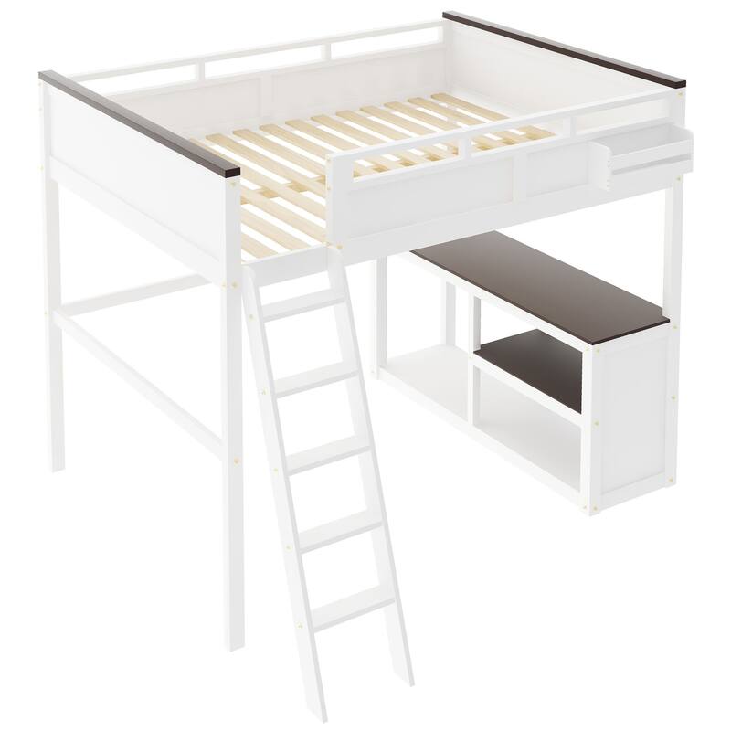 Queen Size Loft Bed with Desk,Open Shelf and a Storage Box,USB Charging Station