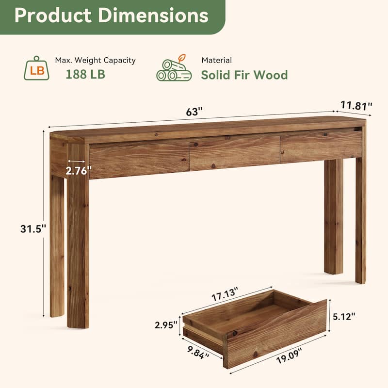 63" Solid Wood Console Table with 3 Drawers, Farmhouse Entryway Table for Living Room, Hallway, Behind Couch
