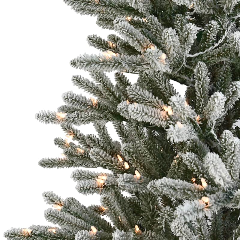 Puleo International 7.5 ft. Pre-Lit Flocked Artificial Mountain View Spruce Tree with 450 Warm White LED Lights
