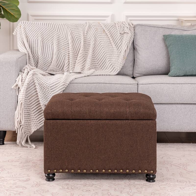 Adeco Norsup Grey Blended Linen Storage Ottoman Footstool