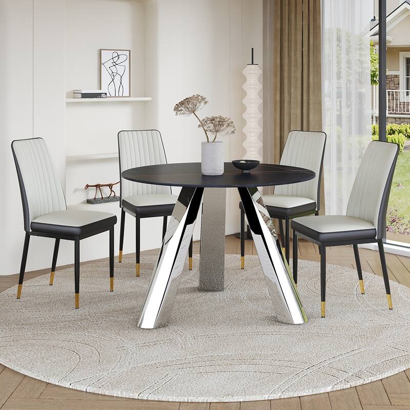 A 42-Inch Round Black Dining Table With A Granite Top And Stainless Steel Legs, Paired With Four Pu Material Dining Chairs - Black+Silver