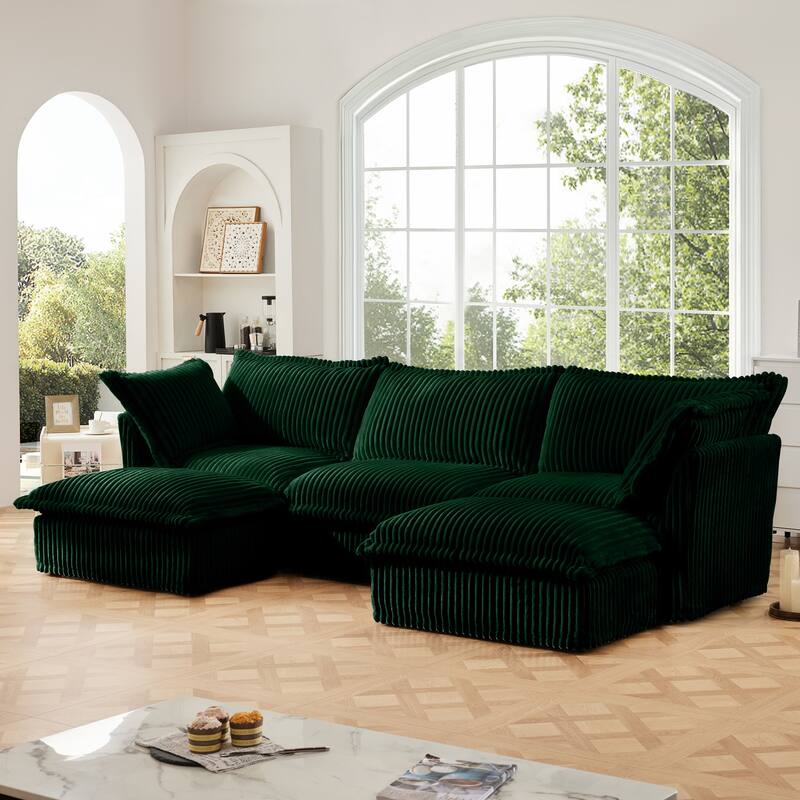 120" U-Shaped Corduroy Sectional Sofa with Slipcover & Cloud Cushions