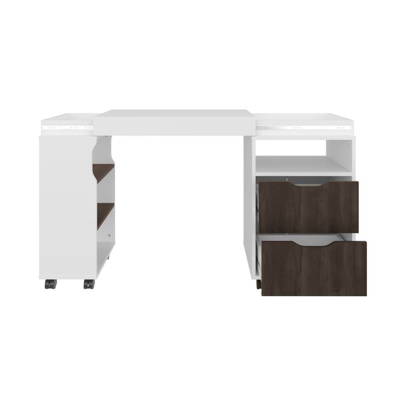 Extendable Desk, 2 Drawers, 4 Shelves, 4 Wheels,Easy Assembly,FSC Certified CPSIA Compliant