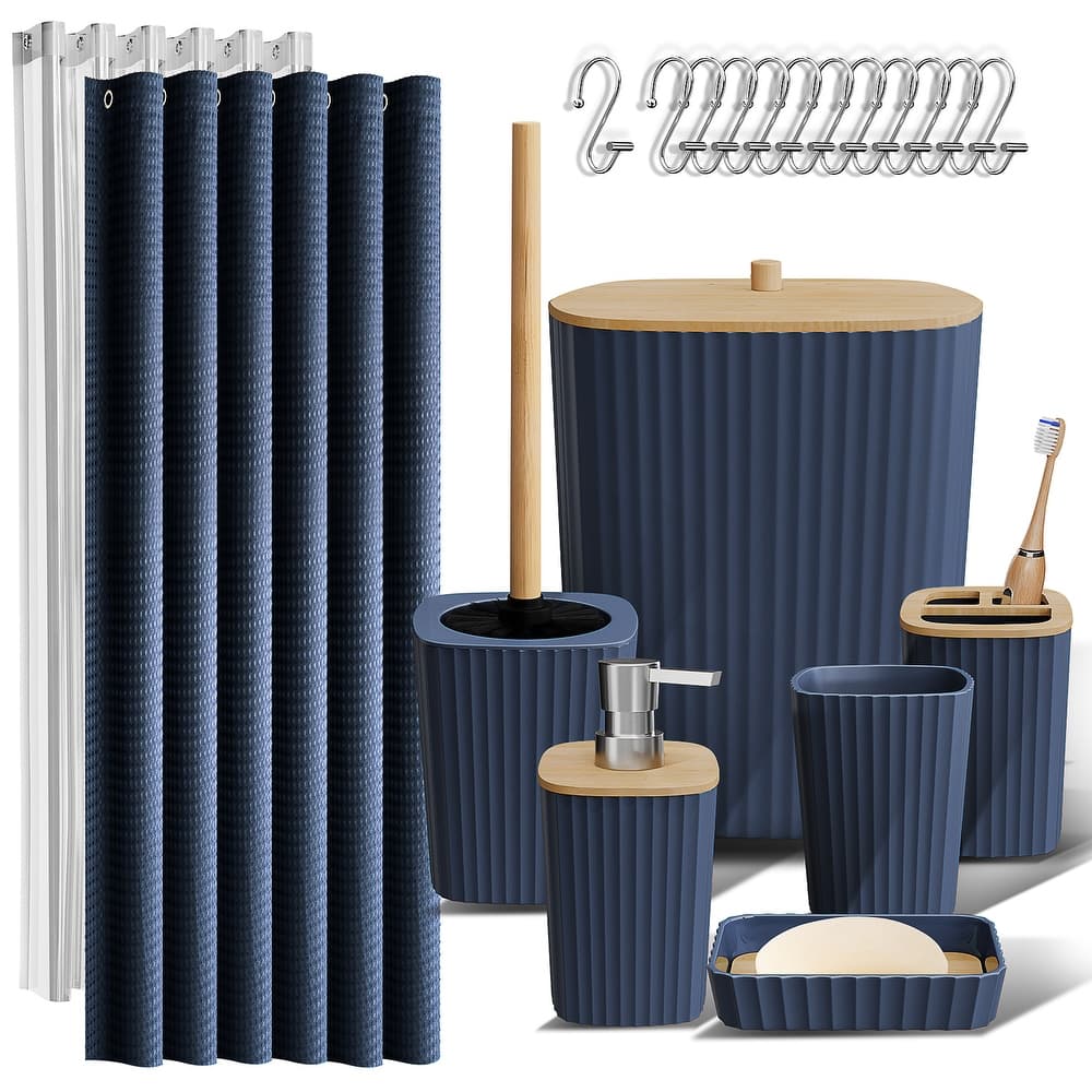 Empyrean Bamboo Bathroom Accessories Set with Shower Curtain Set, Toilet Brush, Trash Can & Soap Dispenser