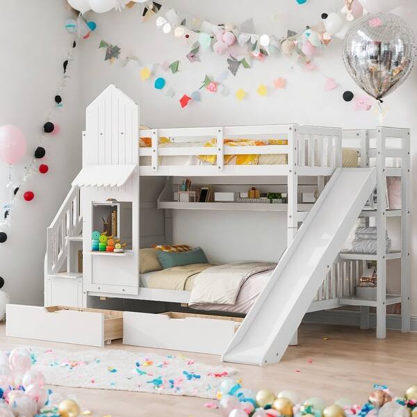 slide 2 of 24, Twin-Over-Twin Castle Style Bunk Bed with 2 Drawers 3 Shelves and Slide White