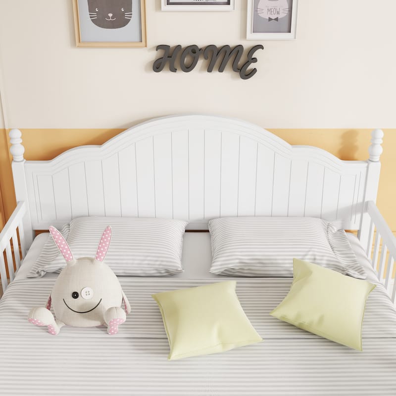Kids Wooden Platform Bed with Headboard and Footboard, Low Profile Bed Frame with Removable Guardrail Design