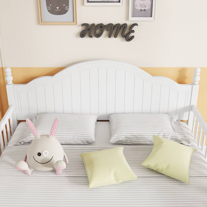 White Wood Full Platform Bed with Headboard and Footboard for Kids, Low Profile Design with Safety Guardrails