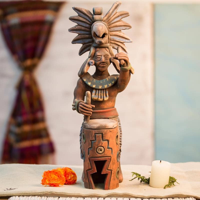 Handmade Aztec Huehuetl Drummer Ceramic sculpture (Mexico) - 51 x 25 x 24