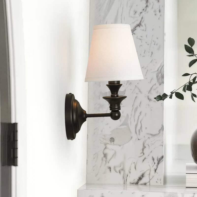 Rennnsan 1-Light Farmhouse Black/Gold Iron Wall Sconce with White Fabric Shade - 1 Light - Black