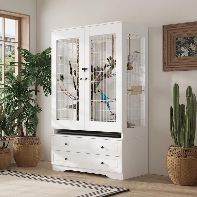 Spacious Indoor Bird Cage Cabinet with Drawers Large Parrot Habitat Bird Cage Furniture - 38.5”x63"