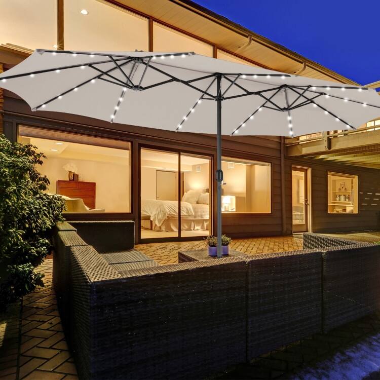 15FT Double Sided Patio Umbrella with LED Lights and Hand Crank Canopy