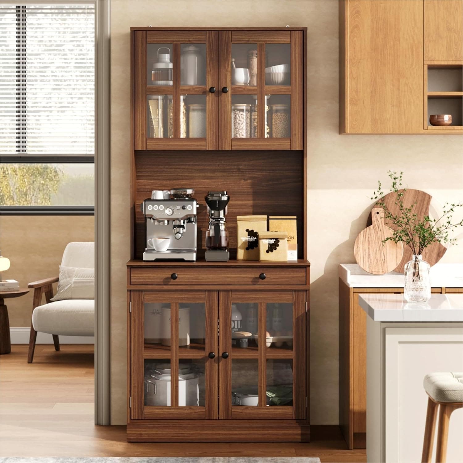 72" Kitchen Pantry Cabinet, Farmhouse Storage Cabinet with Glass Doors & Shelves