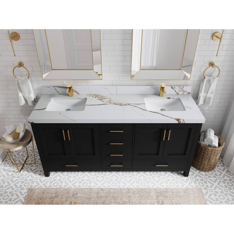 Willow Collection 72 in. W x 22 in. D Malibu Double Sink Bathroom Vanity with Countertop - 2" Calacatta Gold - Black