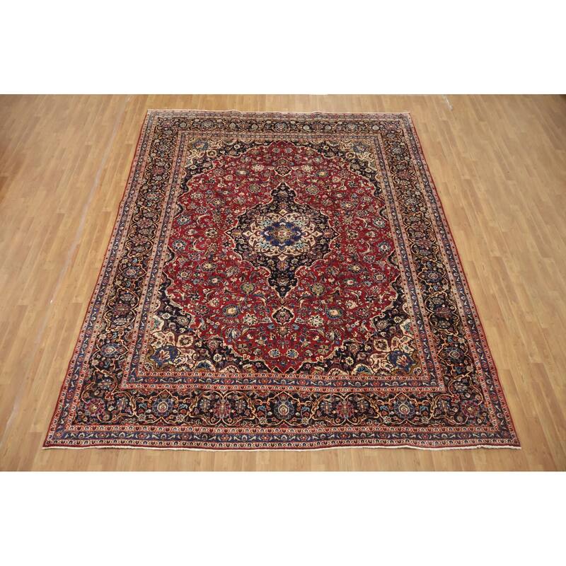 Hand Knotted Oriental 100% Wool Carpet Traditional Floral Red Kashan Area Rug - 12' 2'' X 9' 7''