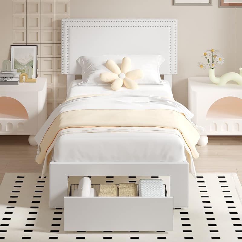 VECELO Set of 2 Twin Beds with Rolling Underbed Drawer Height Adjustable Headboard Rivet-Trimmed Headboard Twin Beds
