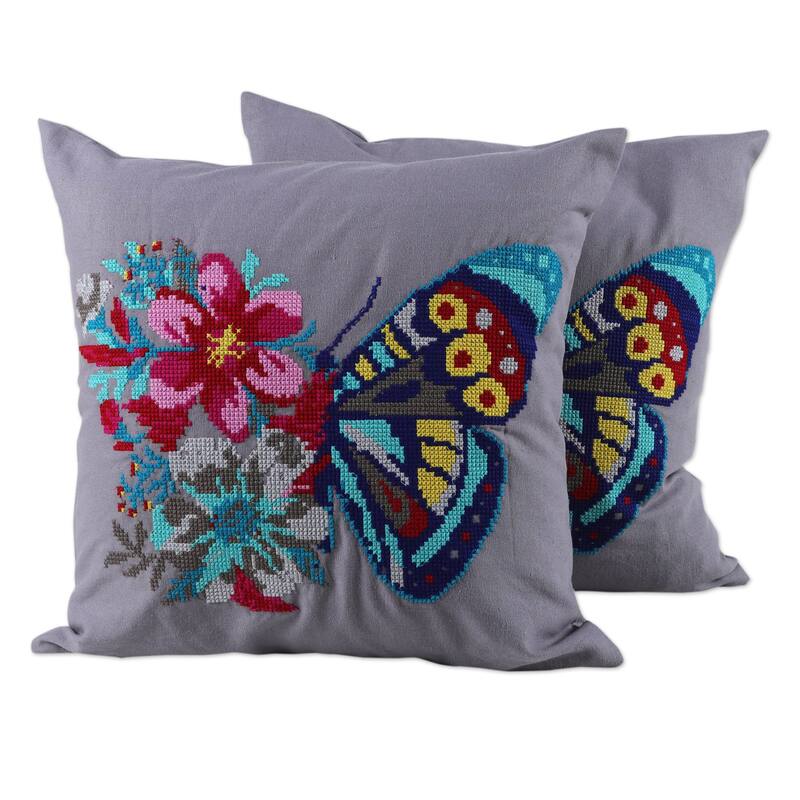 Novica Handmade Butterfly Universe In Grey Embroidered Cotton Cushion Covers (Pair)