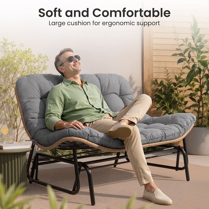 Oversized 2-Person Outdoor Glider Rocking Chair Bench Double Papasan Chair Loveseat with Cushion