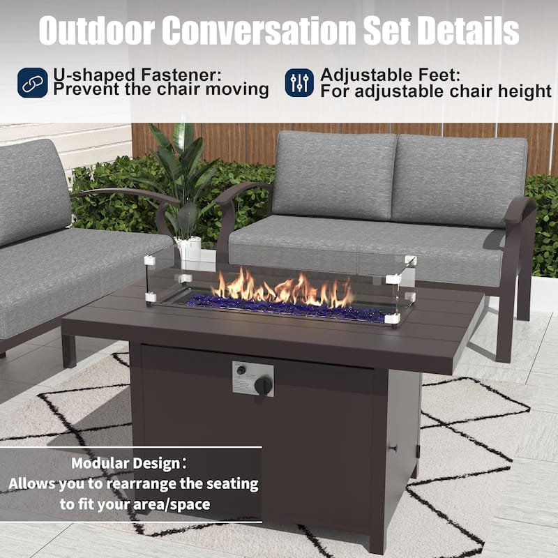 Kullavik Aluminum Outdoor Patio Furniture with Curved Armrests & Firepit Table