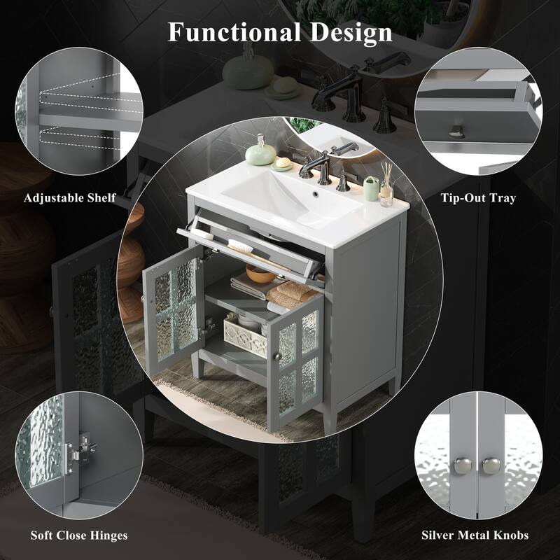 30" Storage Cabinet with Glass Doors, Bathroom Vanity with Ceramic Sink, Adjustable Shelf, Tip-Out Tray and Silver Metal Knobs