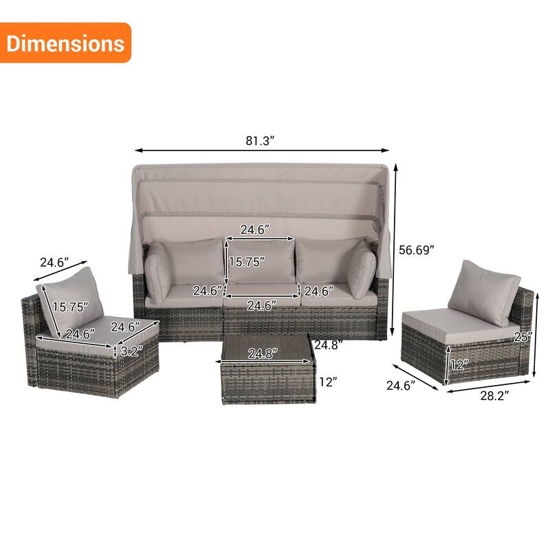 5-Piece Outdoor Patio Wicker Daybed Set with Retractable Canopy, Storable Table