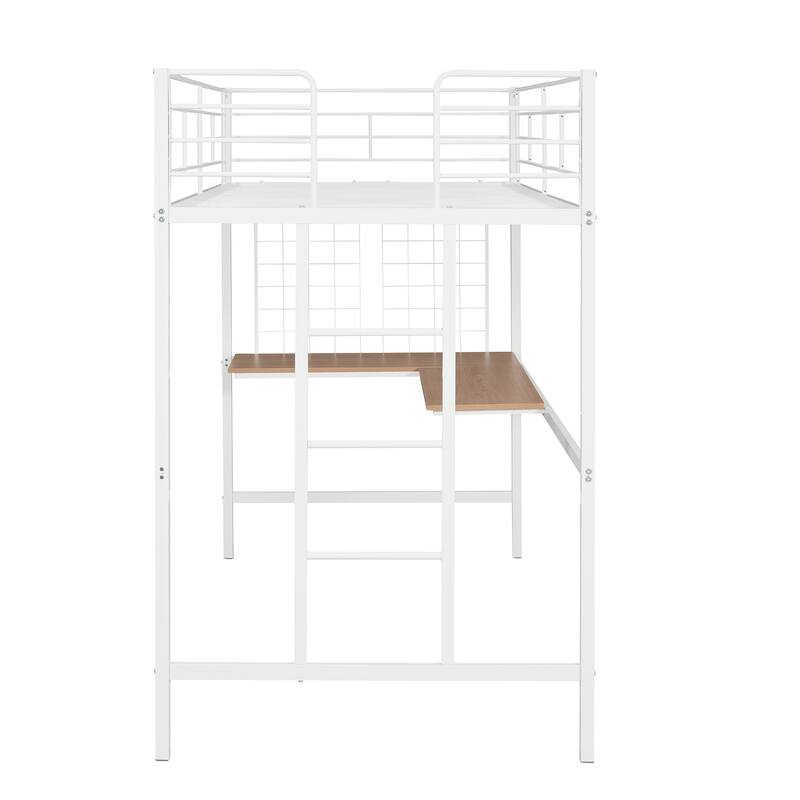 Twin Metal Loft Bed with Desk and Metal Grid, White