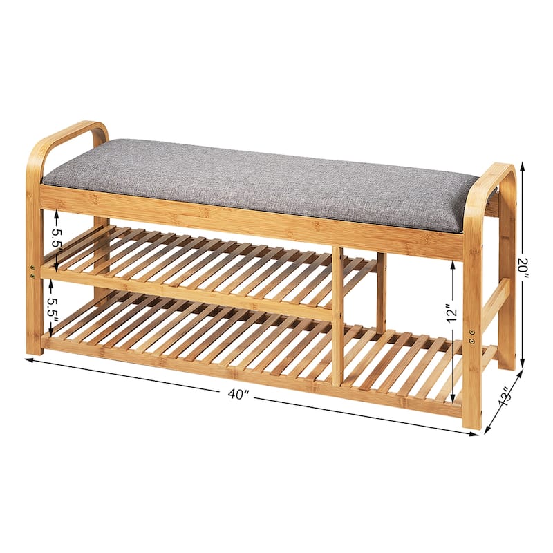 Shoe Rack Bench Entryway 3-Tier Bamboo Shoe Organizer with Cushion