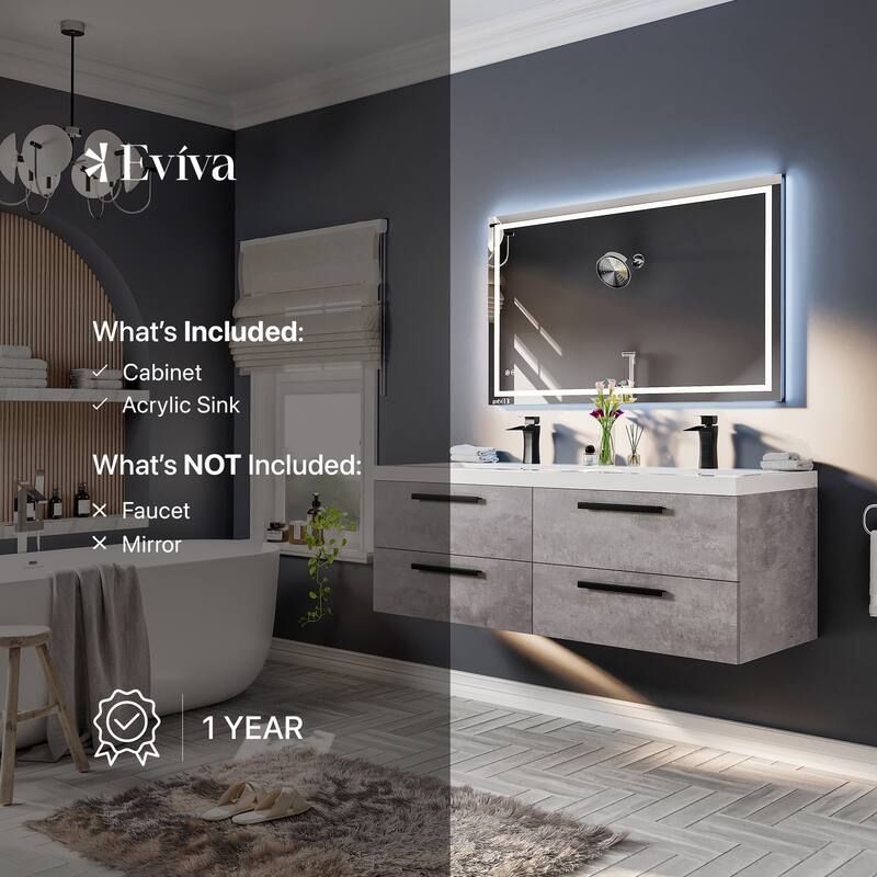Eviva Surf 57"W Concrete Gray Wall Mount DS Bath Vanity with Acrylic Top