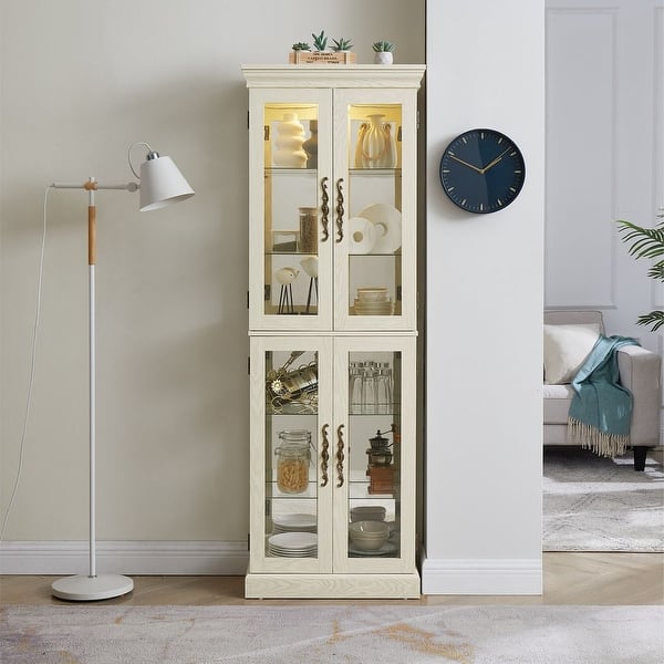 slide 2 of 29, Lighted Tall Bookshelf Display Cabinet Curio Cabinet with Glass Door Antique White