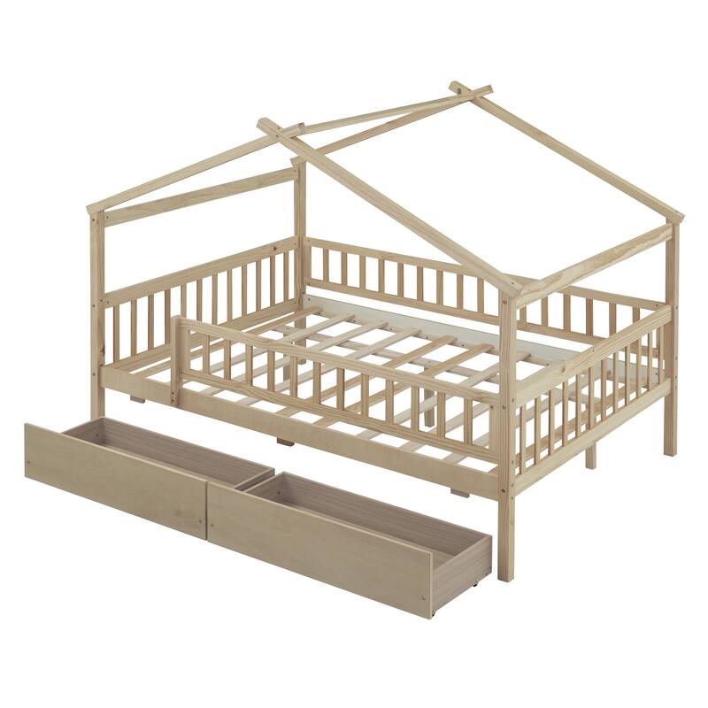 Wooden House Bed with Two Drawers