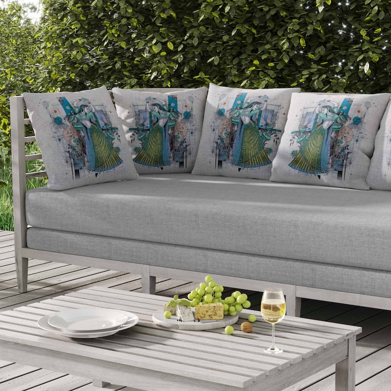 Gracefully Dancing Woman Indoor/Outdoor Reversible Throw Pillow Green and Blue