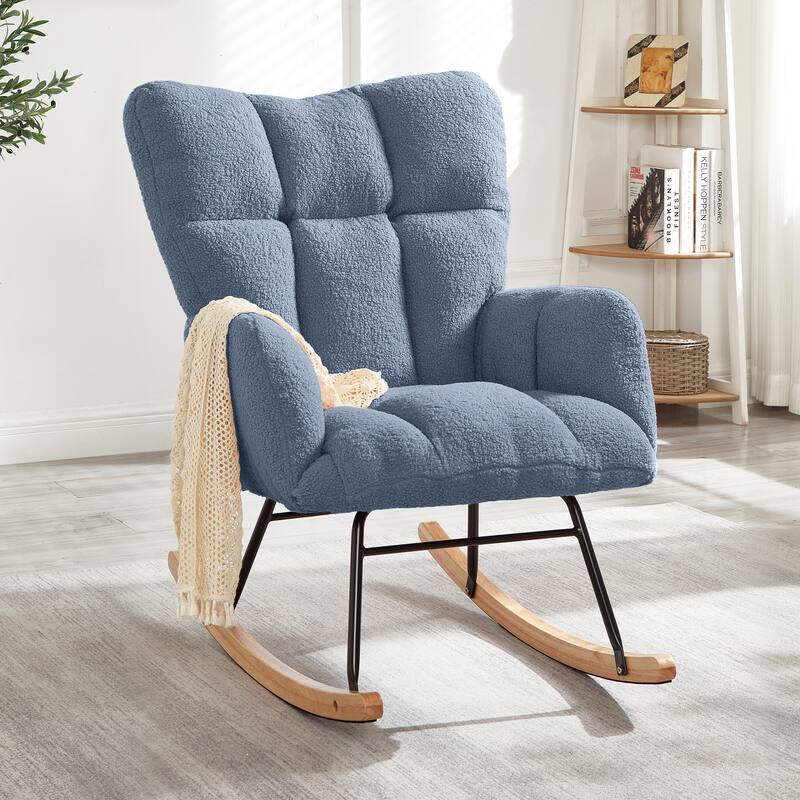 Glider Chair for Living Room Tufted Upholstered Teddy Fabric Rocking Chair with Metal Frame Accent Chair - Light Blue