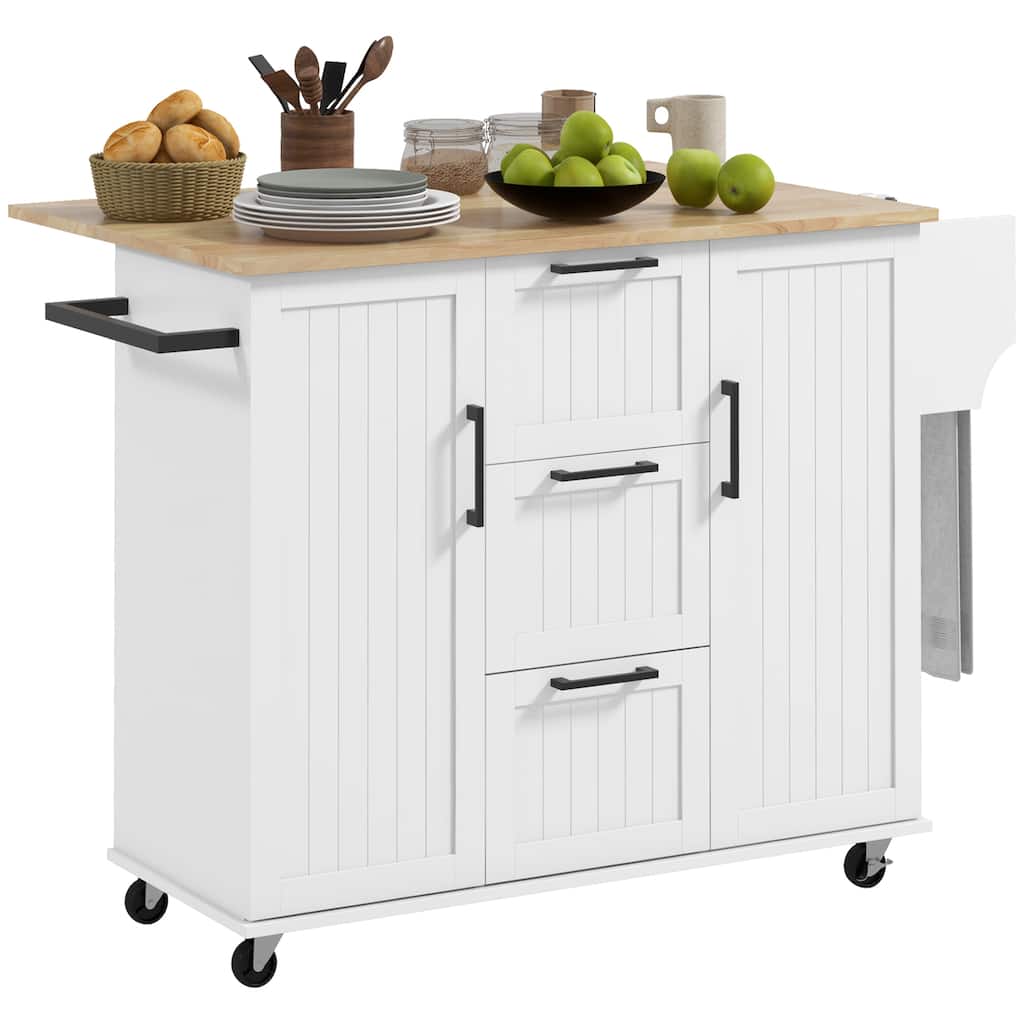 Kitchen Island with Drop Leaf, Rolling Kitchen cart on Wheels with 3 Drawers, 2 Cabinets, Natural Wood Top