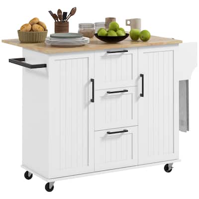 Rubber Wood Drop Leaf Kitchen Island with 3 Drawers & 2 Cabinets, Rolling Kitchen Cart on Wheels with Spice Rack & Towel Rack