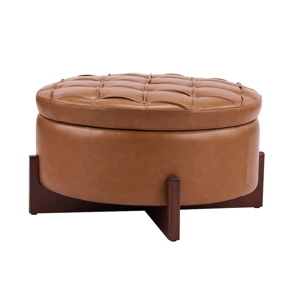 Christopher Knight Home - Mollet Mid-Century 32.28" Upholstered Tufted Round Hidden Storage Ottoman with Reversible Wood Lid
