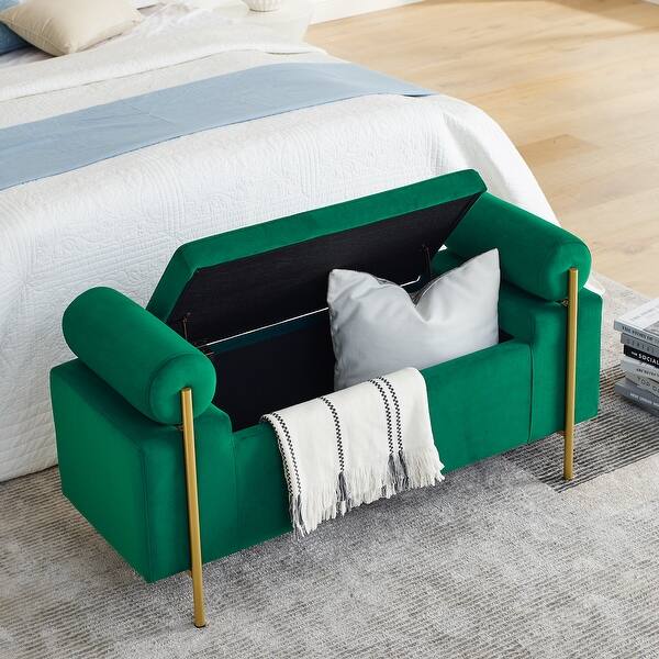 Upholstered Velvet Storage Bench with Cylindrical Arms and Iron Legs