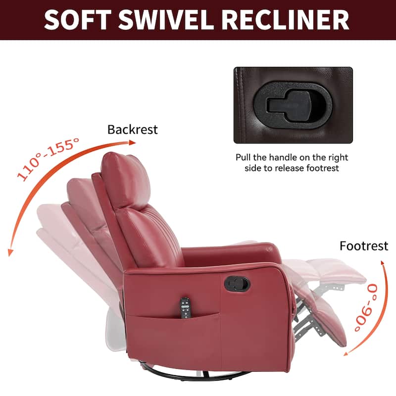 Leather Heat Massage Manual Recliner Chair with Rocker and Swivel in Fabric for Living Room
