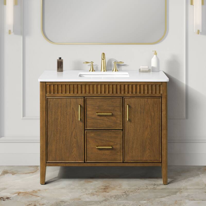 OVE Juliette Warm Walnut Bathroom Vanity with White Quartz Top - 42" - Warm Walnut