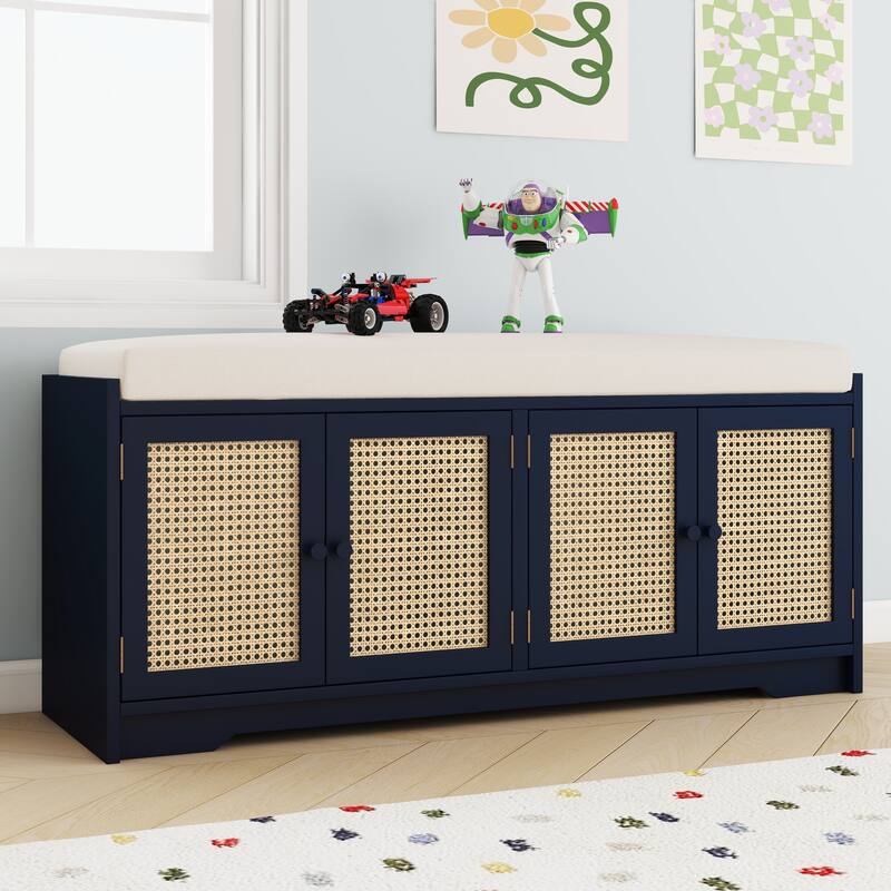 Upholstered Storage Bench with Cabinet Rattan Style Wood Cabinet